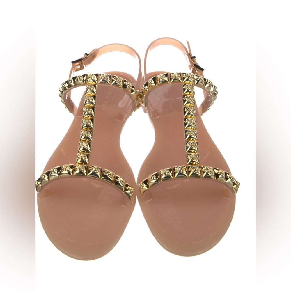 Stuart Weitzman Rubber T-Strap Sandals size 10 Studded Accents box & dustcover